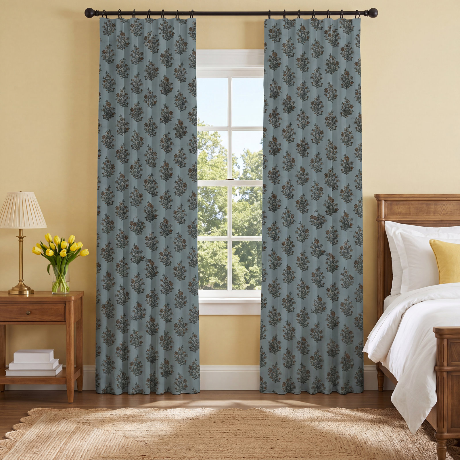 Nichols Floral Block Print Single-Lined Curtain, Ivory