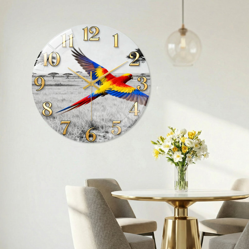 «Parrot Landscape», horloge murale en verre, 40 x 40 cm (15,7 x 15,7 pouces)