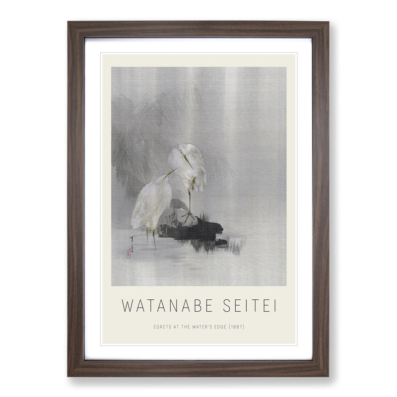 Egrets At The Waters Edge by Watanabe Seitei - Single Picture Frame Print, Walnut Framed, 48cm H x 36cm W x 2cm D