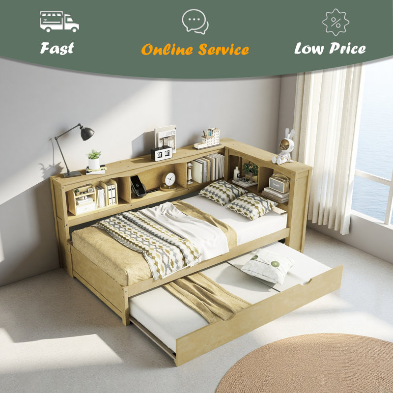 Lit de jour simple avec lit gigogne, armoires de rangement et ports USB, Bois