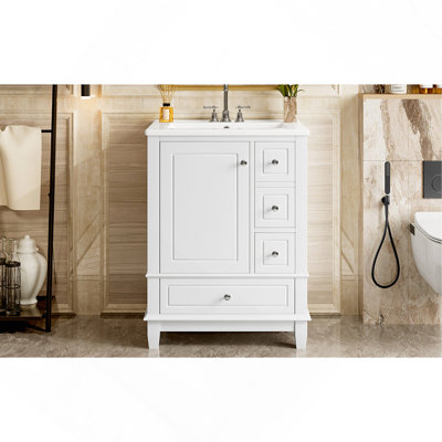 24" Bathroom Vanity with Sink and Drawers, White Freestanding Vanity Cabinet with Ceramic Top and Storage Shelves, MDF and Solid Wood Base