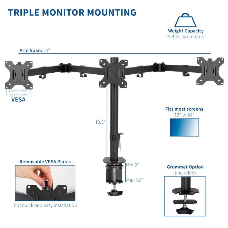 Black Triple Monitor Adjustable Steel Desk Stand with Full-Motion Arm