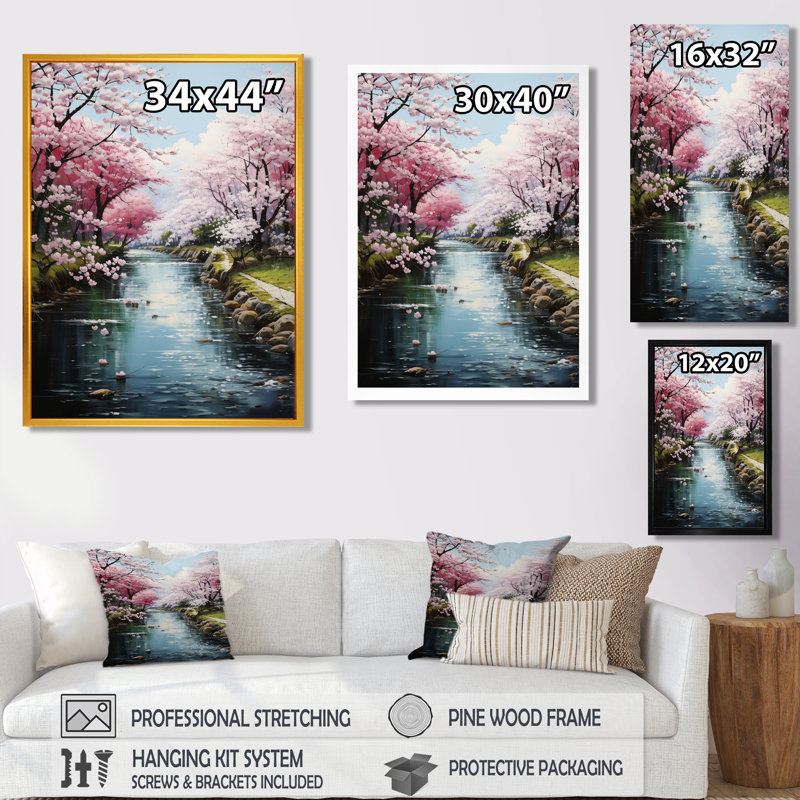 Cherry Blossom Spring River - River Wall Art Print, 20" H x 12" W x 1" D, Black Floater Framed Canvas