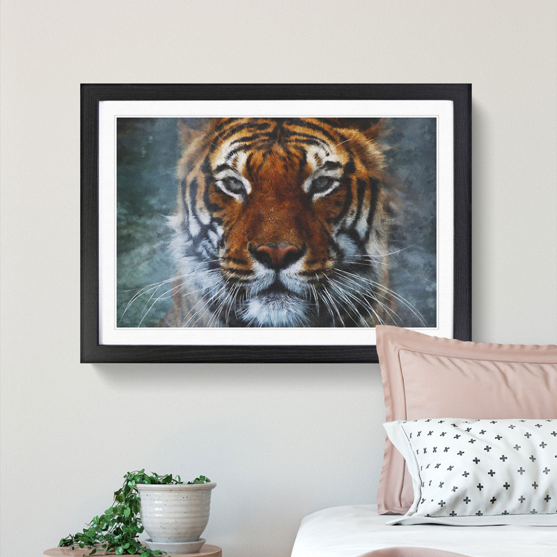 Tiger In The Blue Framed Print, 62cm H x 87cm W x 2cm D, Black