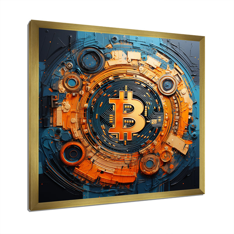 Orange Vibrant Bitcoin Crypto - Abstract Wall Art, Gold Single Picture Framed, 30" H x 30" W x 1.5" D