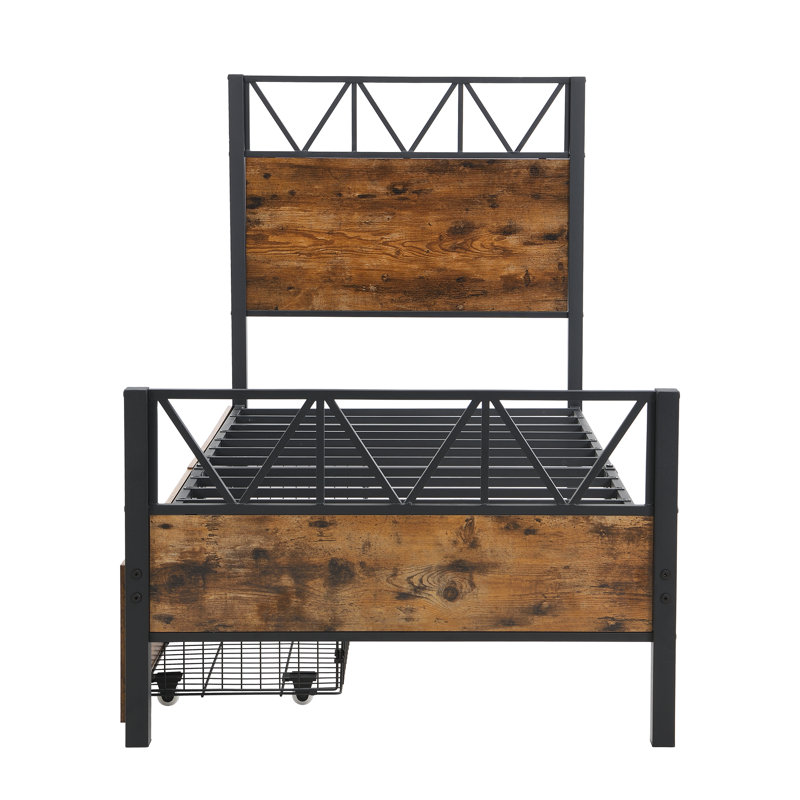 Metal Bed With 2 Drawers Industrial Style, Single (3')