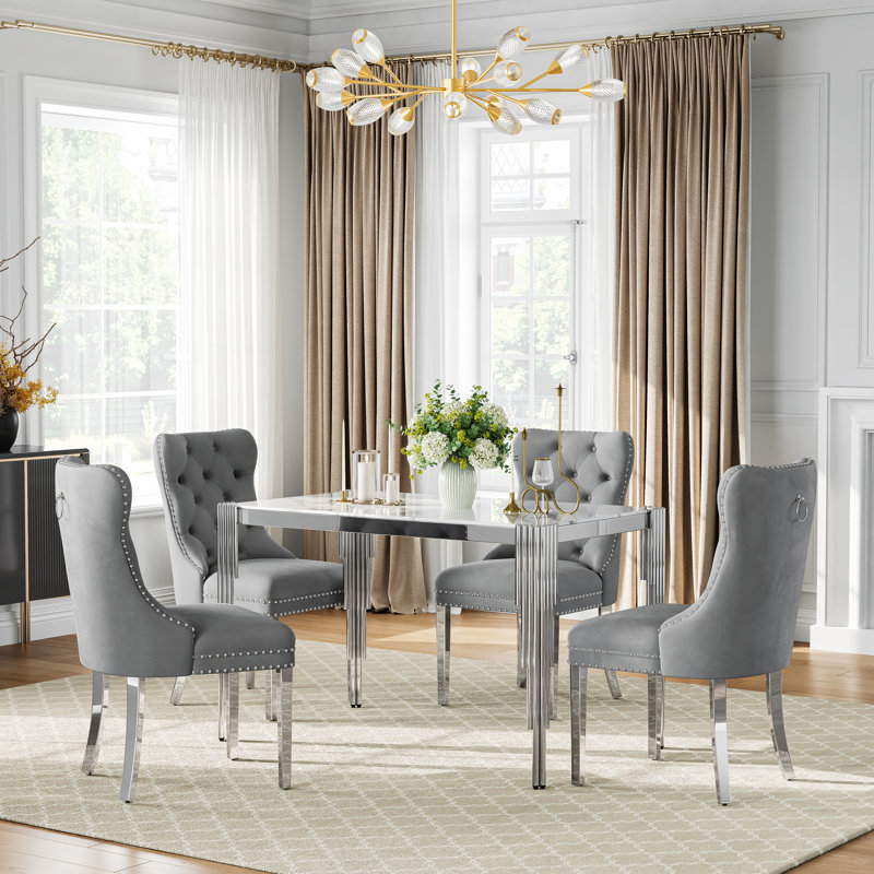 5-Piece Dining Table Set, 48" White Marble-Pattern Glass Table, 4 Velvet Chairs, Stainless Steel Frame, Kitchen & Living Room Furniture Set