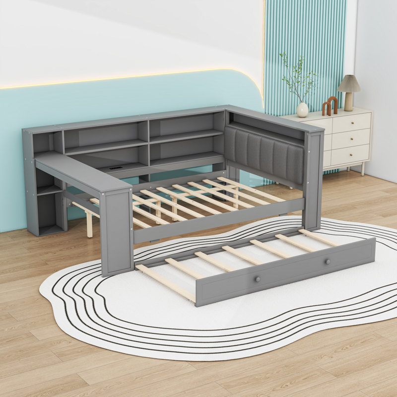 Lit de jour double avec couchette, tablettes et ports de charge, Gris