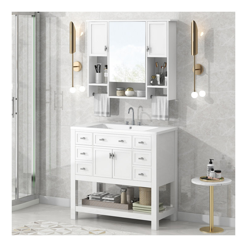 Meuble-lavabo de 36 po avec lavabo supérieur, armoire à miroir moderne avec barre à serviettes, armoire de rangement avec 2 portes à fermeture douce et 6 tiroirs, meuble-lavabo simple