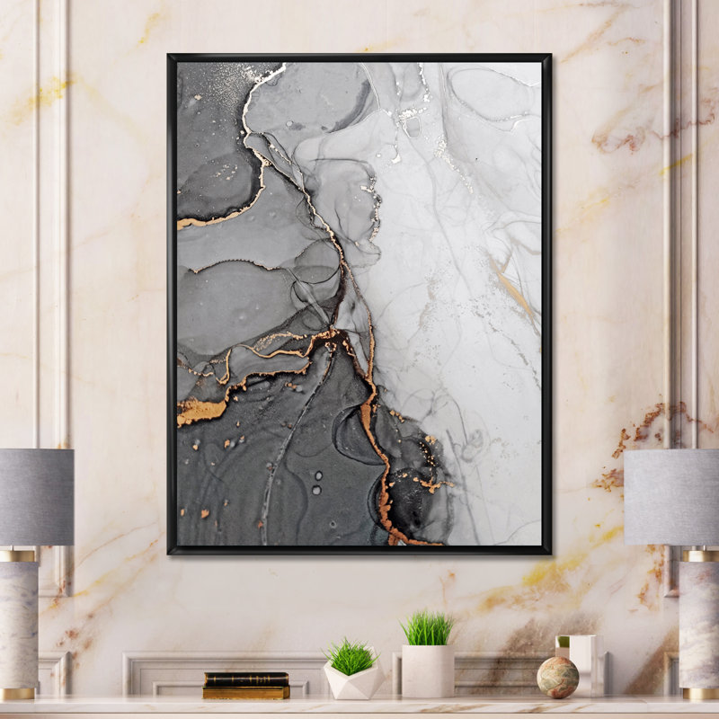 Vagues de marbre gris et orange - peinture sur toile, H 44 po x l 34 po, Cadre noir