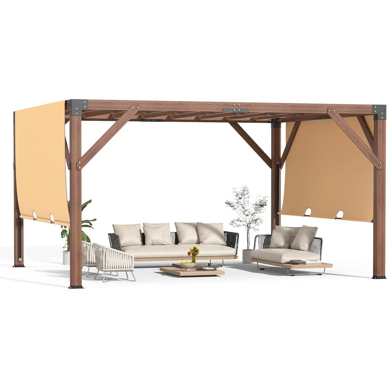 12x14 FT Wood Pergola, with Retractable Canopy, Solid Structure for Patio & Garden