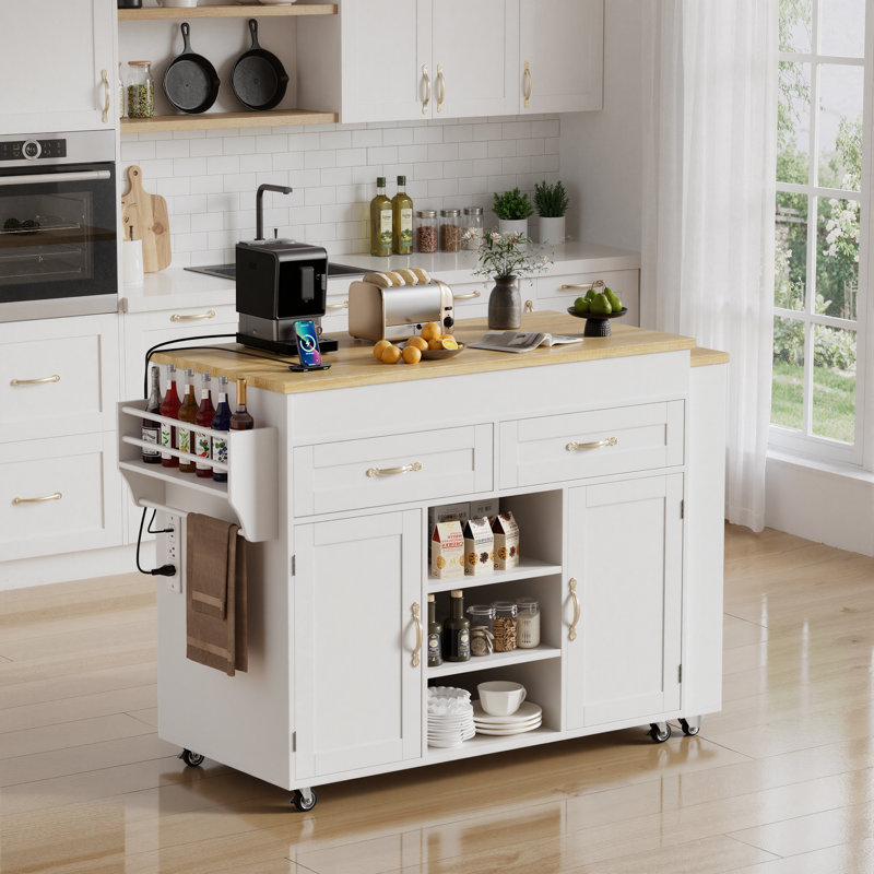 Extendable Kitchen Island With Power Outlet, Rolling Mobile Kitchen Cart With Storage | Includes Drawers, Cabinet, Spice Rack, Towel Rack, Locking Casters