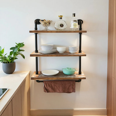 3 Tier Industrial Pipe Shelf Rustic Wood Floating Shelves,Wall Display Bookshelf,Storage Rack Sundries Holder For Kitchen Office Bathroom Organization And Home Decor (24Inch)