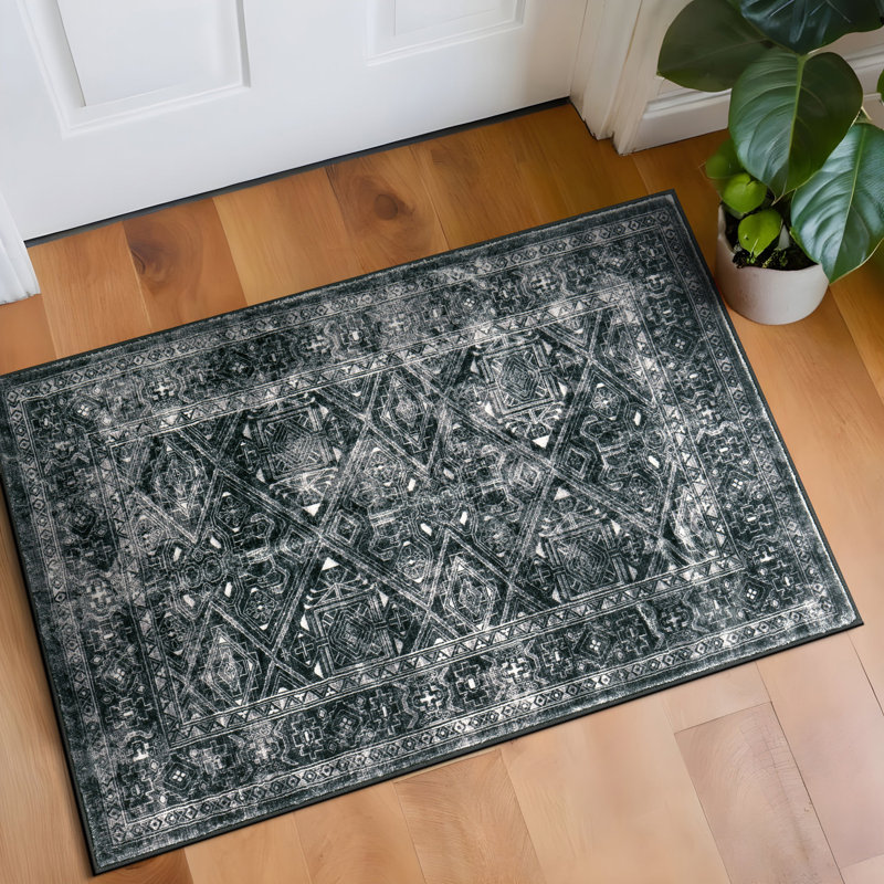 Tapis transitionnel bohémien délavé et antidérapant, Rectangulaire 2 pi x 3 pi