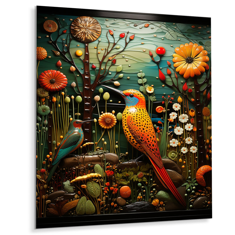 Abstrait, pic, oiseau, fleur, nuit - oiseau, art mural en métal, H 20 po x l 12 po x P 1 po