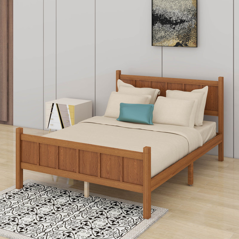 Lit plateforme avec tête et pied de lit, lit à panneau plat avec finition grain de bois, style shaker et style campagnard