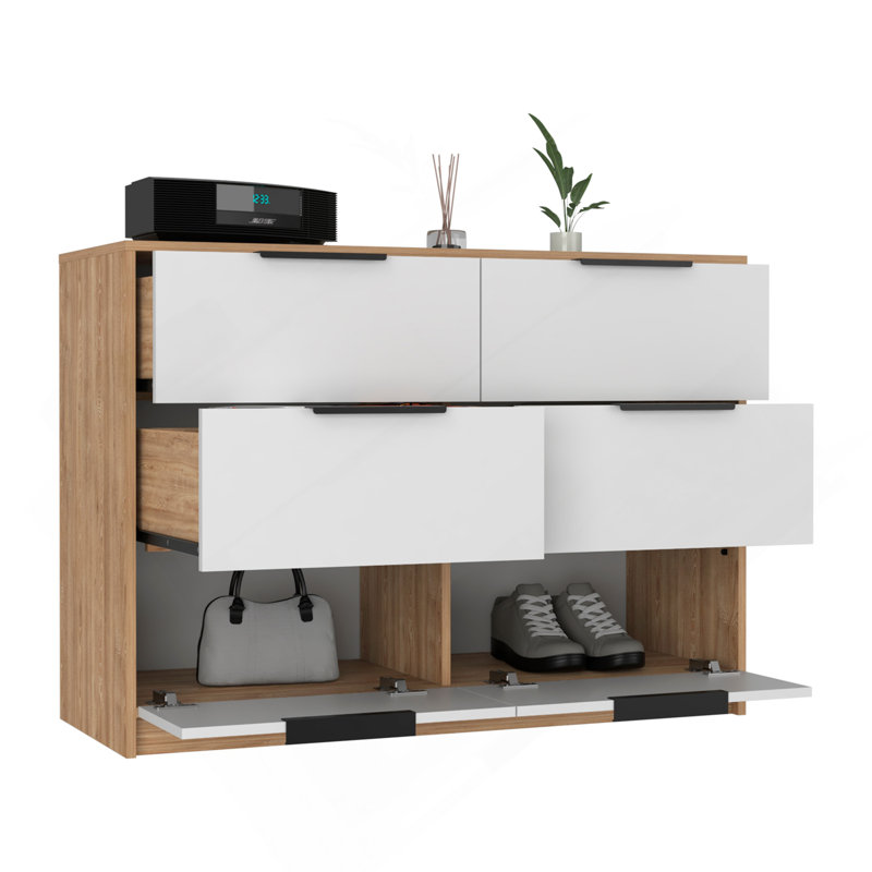 Commode 4 tiroirs Kaia, plateau supérieur - pin / blanc, Blanc/naturel