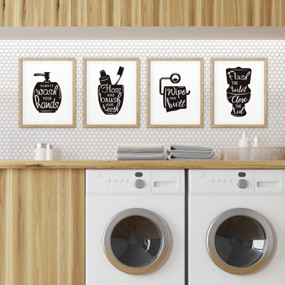 " Wash Your Hands Motivational Set Of 4 Word Art Illustrations Wall Decor Framed Prints " 4 - Pieces
