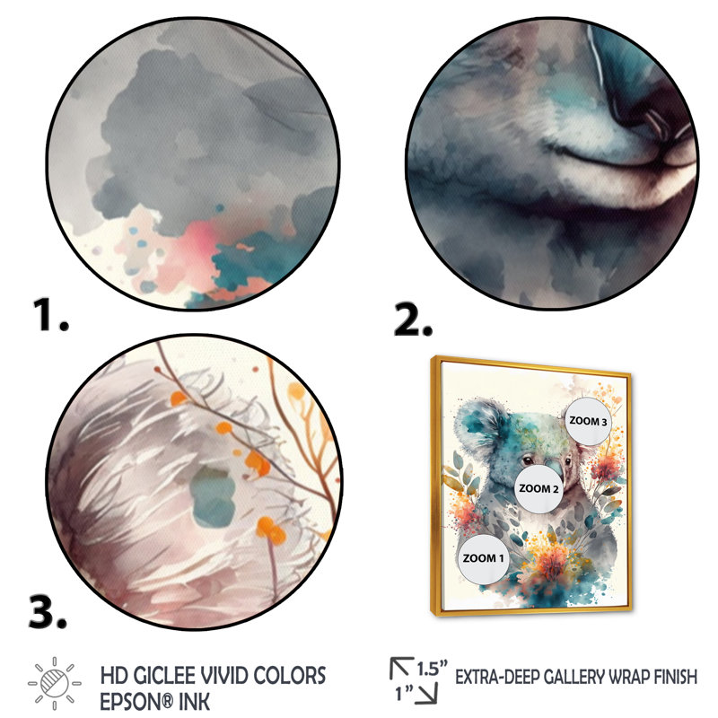 «Cute Koala Floral», reproduction sur toile, L 24 po x H 32 po, Cadre flottant doré