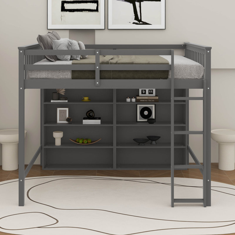 Full Size Loft Bed With Open Storage Shelves And Ladder, Antique Grey