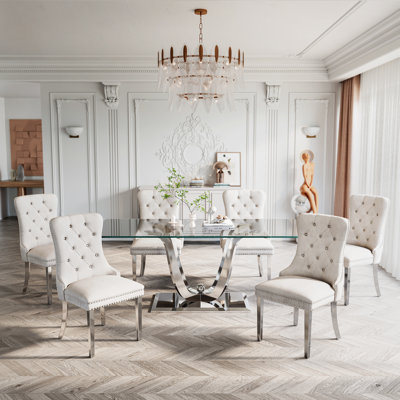 Table de salle à manger en verre avec base en verre et 6 chaises en velours, ensemble de salle à manger à piédestal 7 pièces