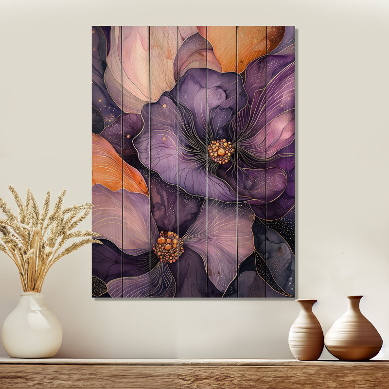 Danse, étreinte de bégonia mauve, art mural sur bois de pin naturel, H 32 po x l 24 po x P 0,78 po