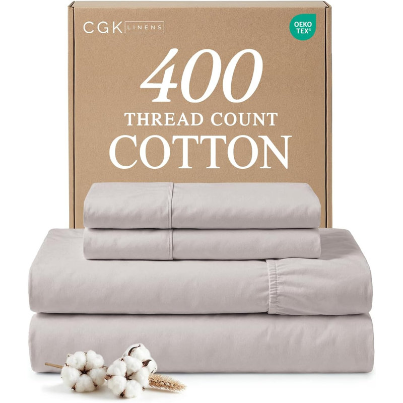 100% Cotton Sheet Set, 400 Thread Count Hotel Luxury Bedding, Soft & Breathable Bed Sheets, 4 Piece Set, Light Gray