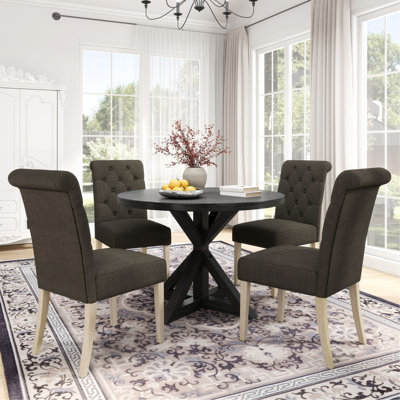 Banff 5-Piece Dining Set, Cross-Buck Round Table With 4 Tufted Chairs