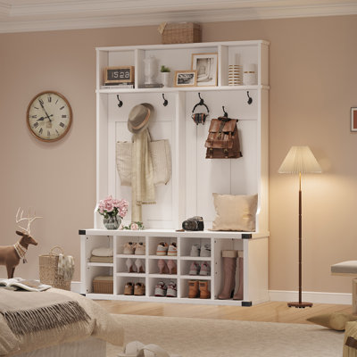Extra Large 51" Entryway Hall Tree with Bench & Shoe Storage | 13 Shoe Cubbies, Adjustable Shelves, 6 Hooks, Entryway Coat Rack, White