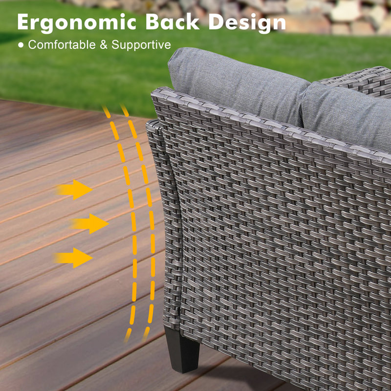 Lovall Rattan Wicker 7 - Person Seating Group with Fire Pit and Cushions, Dark Grey