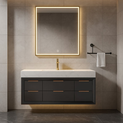 Ensemble de meuble-lavabo mural simple 48 po avec comptoir en pierre blanche, lumière DEL et tiroirs à fermeture en douceur, design moderne