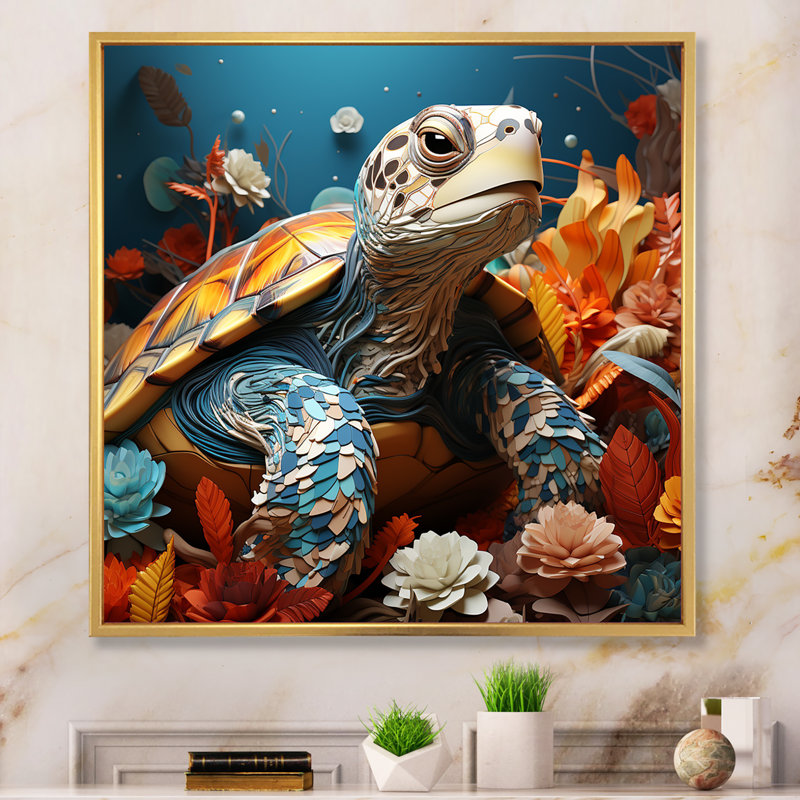 Turtle Journey Coral, impression géométrique sur toile encadrée, H 36 po x l 36 po, Cadre flottant doré