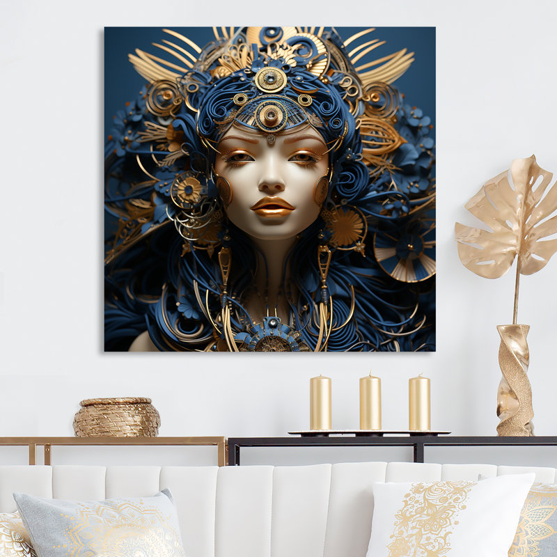Art tribal égyptien doré et bleu «Queen» - égyptienne, art mural en métal, H 29 po x l 29 po x P 1,5 po