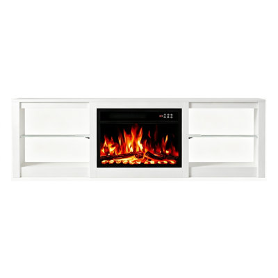 Meuble télé Breezeheat: 70 po, centre de divertissement moderne blanc pour téléviseur de 65 po ou moins, foyer électrique de 23 po avec télécommande, éclairage à DEL 12 couleurs et tablettes réglables en verre