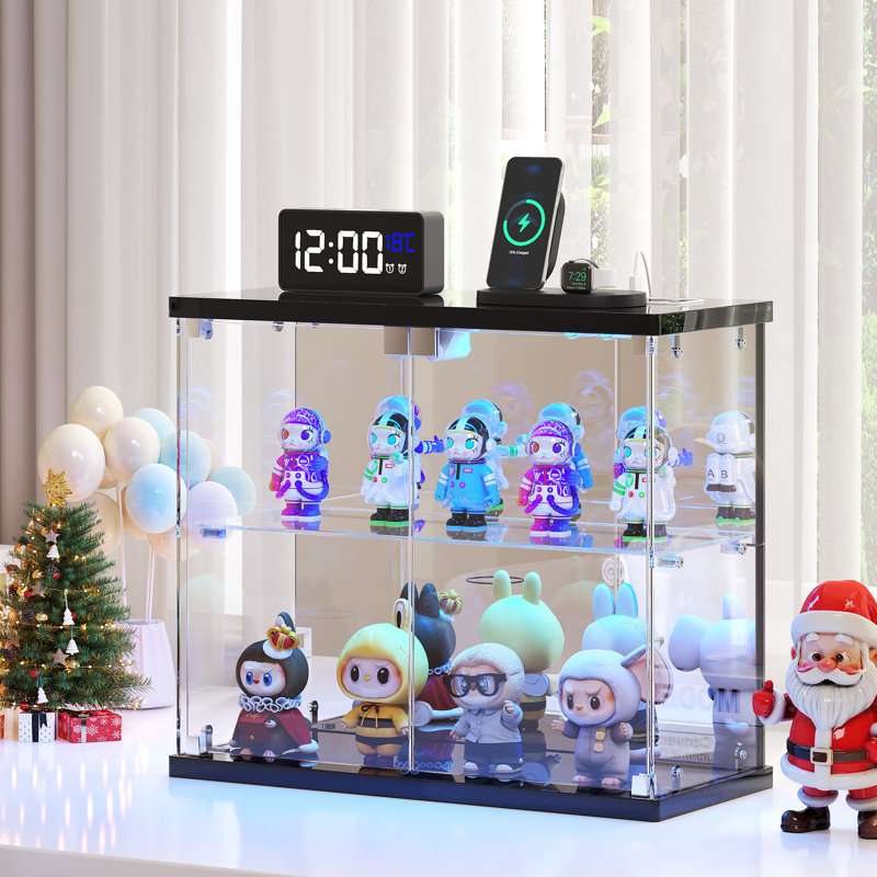 2-Tier Mini Display Cabinet with LED Lights, Charging Station, Black