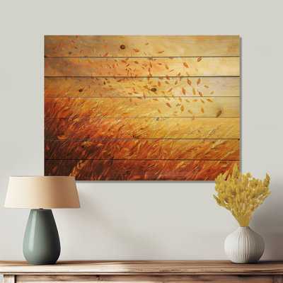 Windy Leaves In The Country Field II - feuilles, art mural sur bois de pin naturel