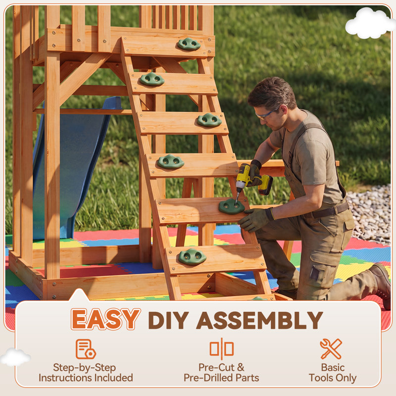 Wooden Swing Set with Wave Slide, Canopy Roof, Monkey Bars, Rock Climbing Wall & Picnic Table, Outdoor Backyard Playground for Kids