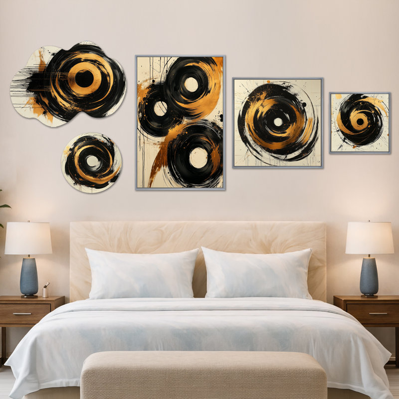 Ensemble de 5 panneaux noirs et dorés The Art of Circle Chaos I - Décoration murale abstraite surdimensionnée, toile encadrée et métal (100 po x 40 po)
