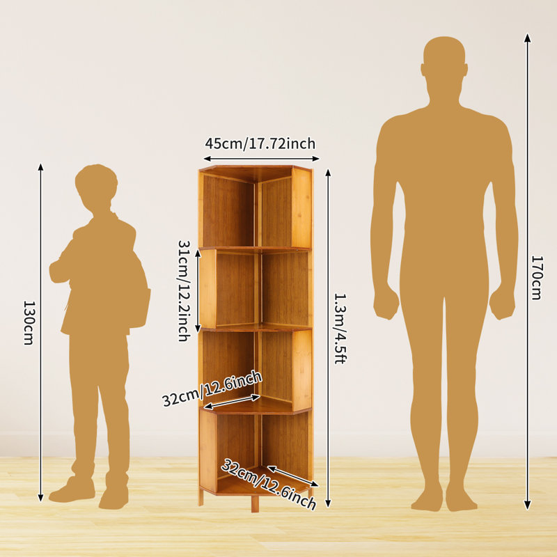 54" H 4-Tier Bamboo Corner Bookshelf, 12.60" W x 12.60" D Freestanding Storage Organizer Rack