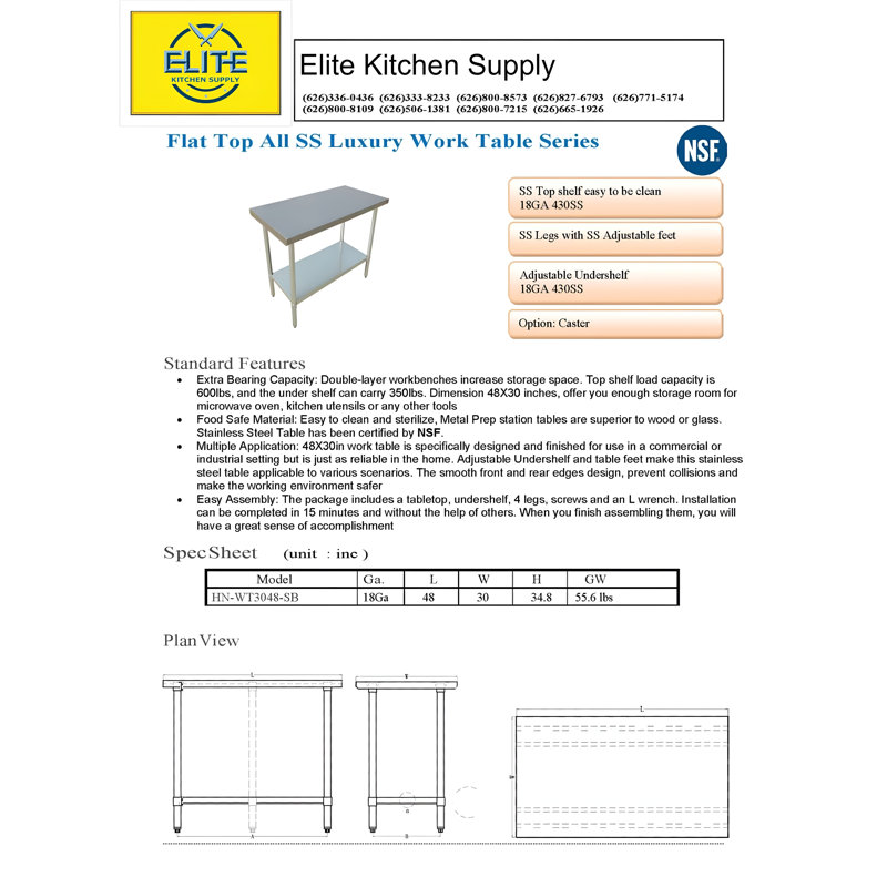 48 in. W NSF Stainless Steel Table