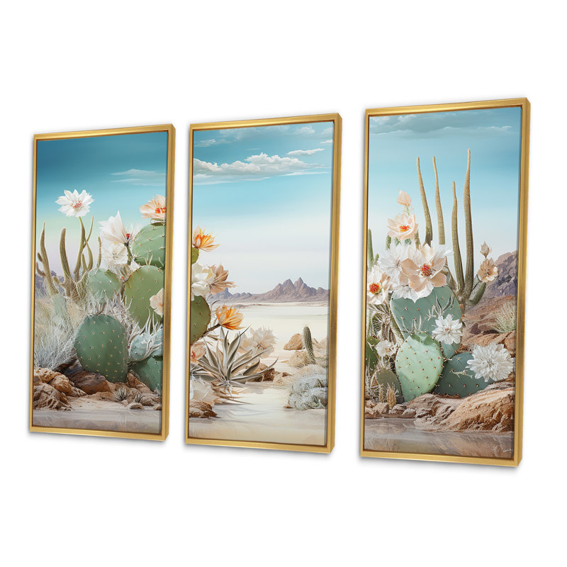 Collage cactus sur la plage - ensemble de décoration murale cactus floral, Cadre flottant doré, H 40 po x l 60 po x P 1 po