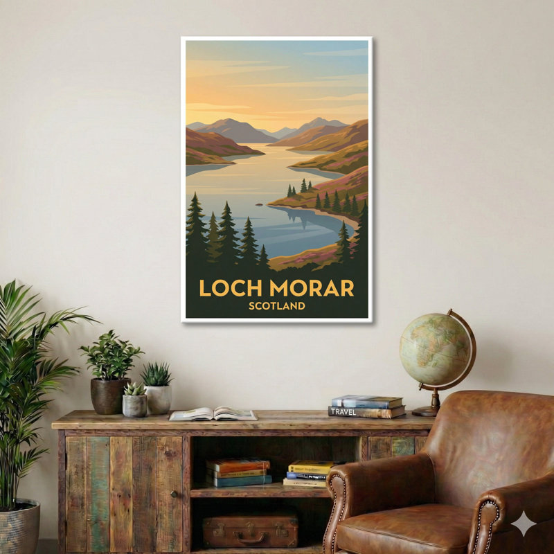 Loch Morar, Scotland - Romantic Highlands Travel Poster: Misty Loch And Mountain Shoreline. Giclee Print On Wrapped Canvas. Wall Art, Home Decor - Natural Landmarks, Scotland - Wrapped Canvas Print