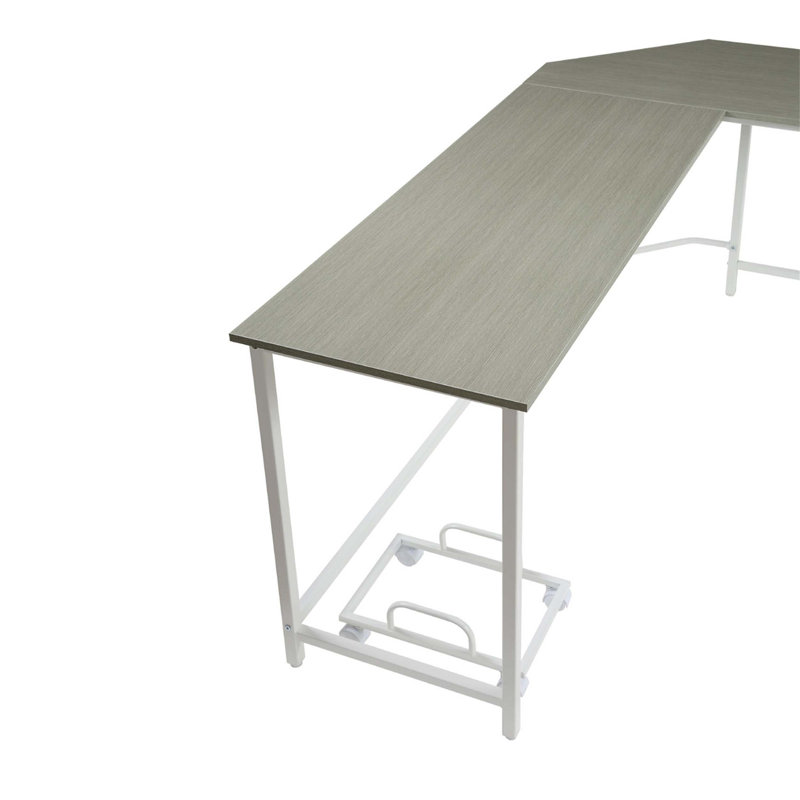Bureau d'ordinateur en L rectangulaire avec design peu encombrant et support pour tour d'ordinateur portable, gris et blanc