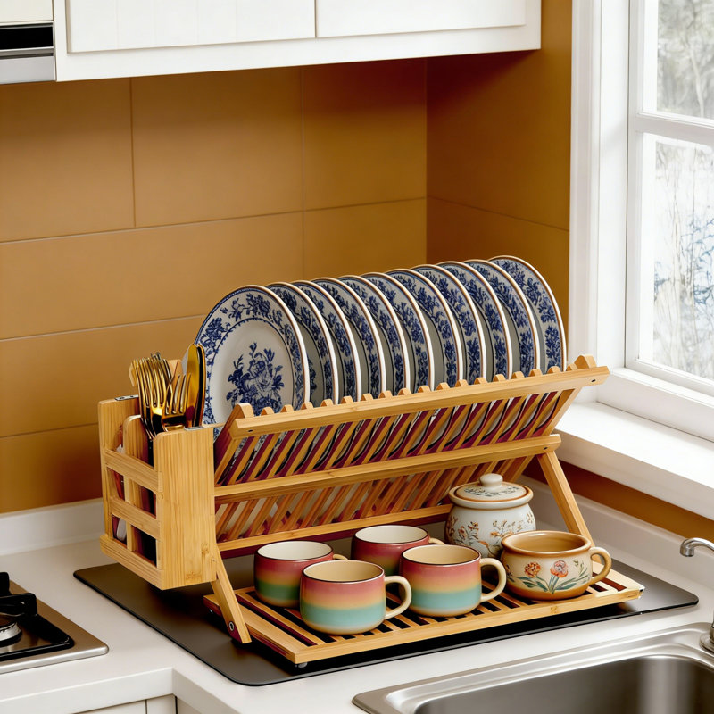 3 Tier Collapsible Wooden Dish Drying Rack With Utensil Holder And Mat, Natural