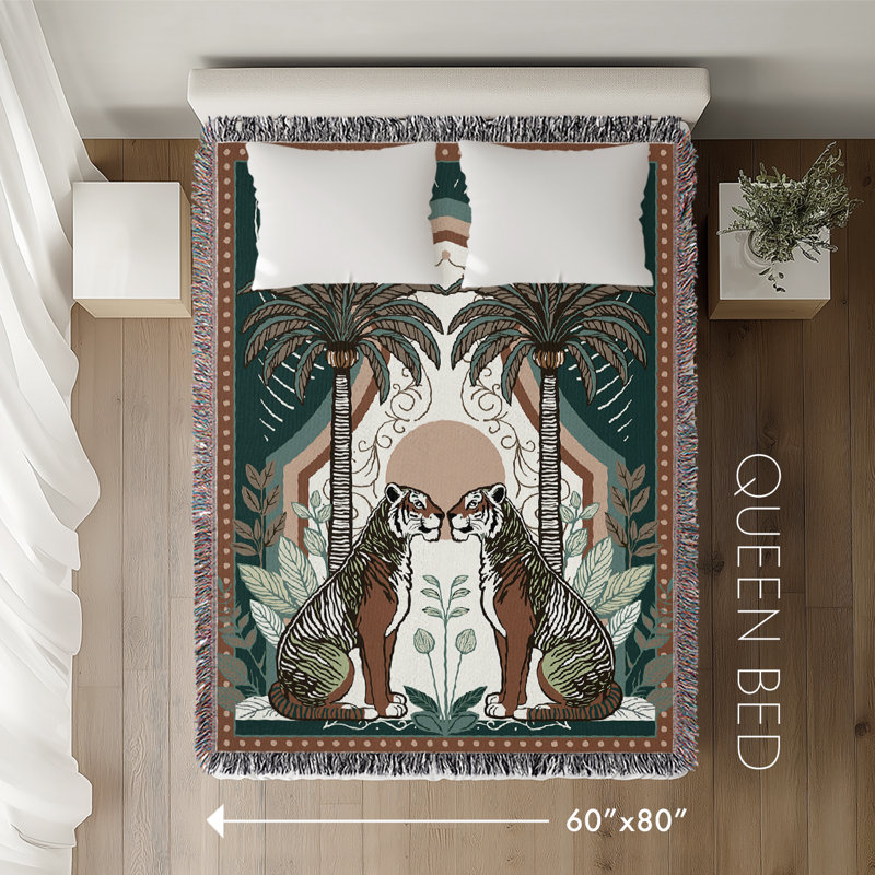 Jeté en mélange de coton Faya Tiger, Vert / Orange, L 80 po x l 60 po