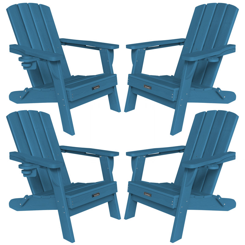 Set of 4 HDPE Outdoor Adirondack Chair Wood Texture Folding Firepit Chair  With  Cup Holder, Navy Blue