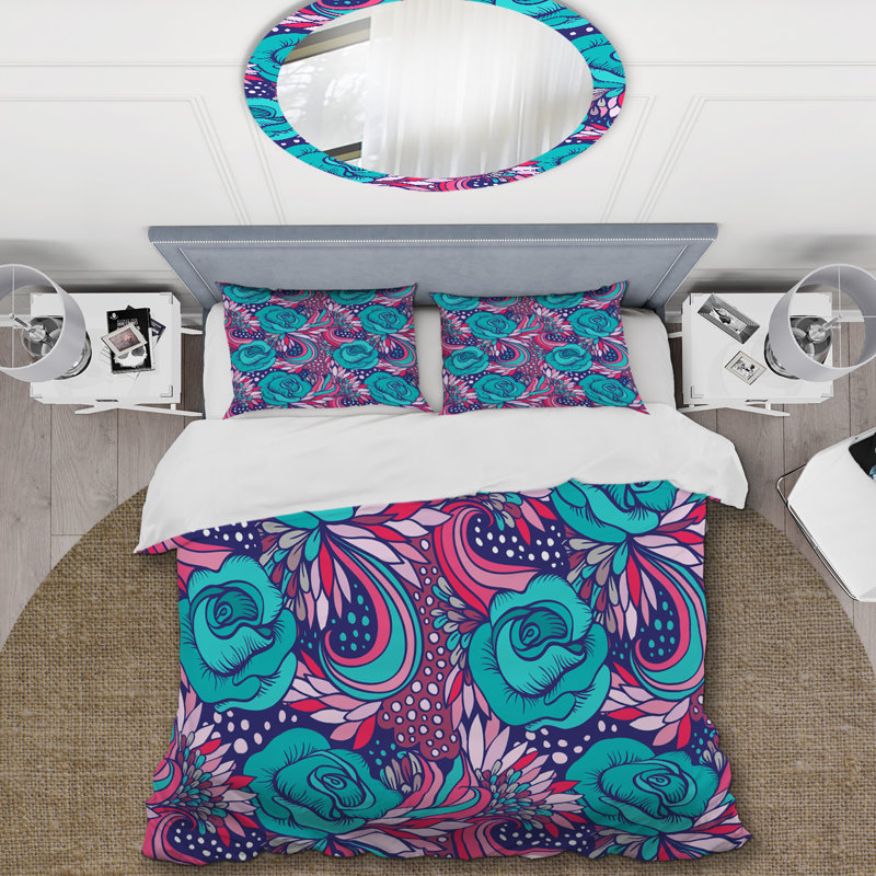 Fleurs bleues rétro - Ensemble de housse de couette Cabin & Lodge, Housse de couette pour grand lit et 2 taies décor