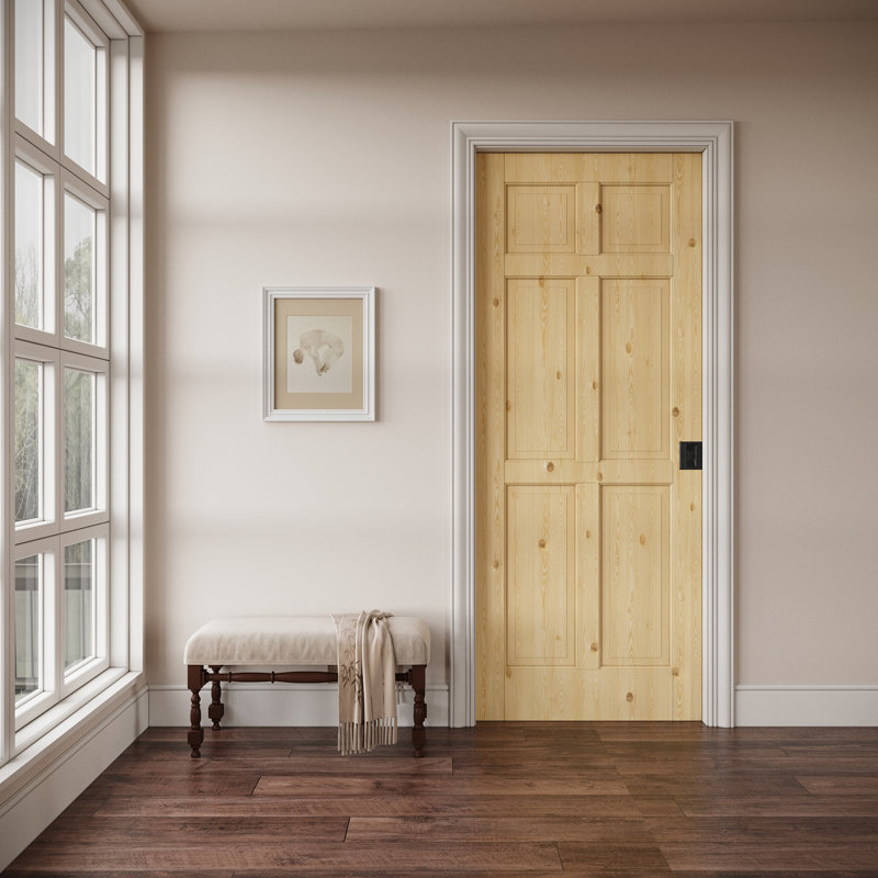 Porte intérieure à 6 panneaux en pin massif, style colonial, avec cadre renforcé, serrure à galandage noire et quincaillerie incluses, non finie et à peindre, idéale pour le garde-manger, la chambre, la salle de bain, le placard et le salon, facile à nettoyer, 91,4 cm x 203,2 cm