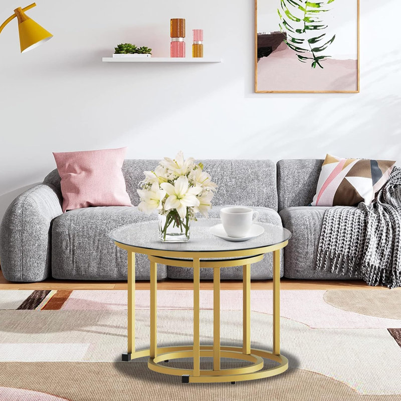 Nesting Coffee Table Set Of 2, Small Glass Round Nesting Tables For Living Room Bedroom, Accent Tea Table With Metal Frame Modern Industrial Simple