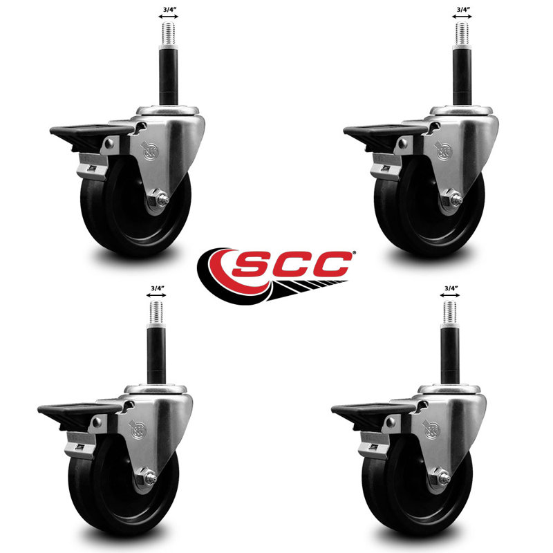 Phenolic Swivel Expanding Stem Caster Set with Brake SCC PLB 4" x 3/4"